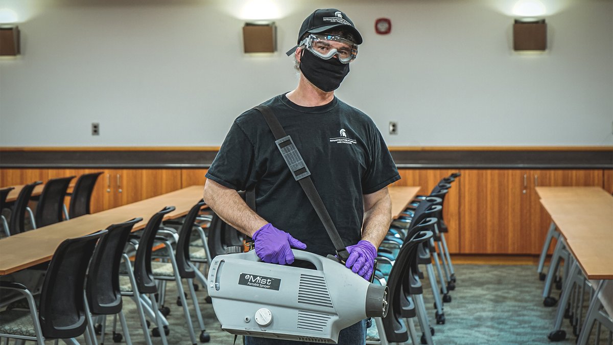 facilitiesmsu's tweet photo. James Miller, Custodian II, Custodial Services, Bott Nursing Building, May 19, 2020 💚 #SpartansWill #KeepMSURunning #MSU @MichStNursing https://t.co/mj5fmFOuwx