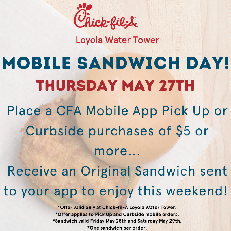 chickfilachi's tweet photo. MOBILE MADNESS TODAY! Thursday May 28th 📲🎉
Place a mobile Pick Up or Curbside order today of $5 or more at Chick-fil-A Loyola Water Tower ➡️ Receive an Original Chicken Sandwich to your app to enjoy this weekend!
. . . 
*Offer valid 7:00AM - 10:00PM May 28th.
#chicago #chicken https://t.co/IctDVoSD0l