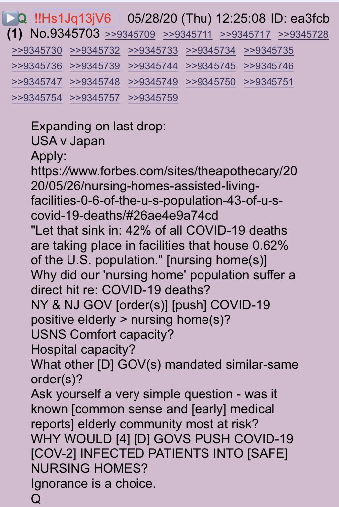 !!NEW Q - 4337!!12:25:08 EST Expanding on last drop: USA v JapanApply: https://www.forbes.com/sites/theapothecary/2020/05/26/nursing-homes-assisted-living-facilities-0-6-of-the-u-s-population-43-of-u-s-covid-19-deaths/#26ae4e9a74cd"Let that sink in: 42% of all COVID-19 deaths are taking place in facilities that house 0.62% of the U.S. population." [nursing home(s)] #QAnon @realDonaldTrump (Cont)