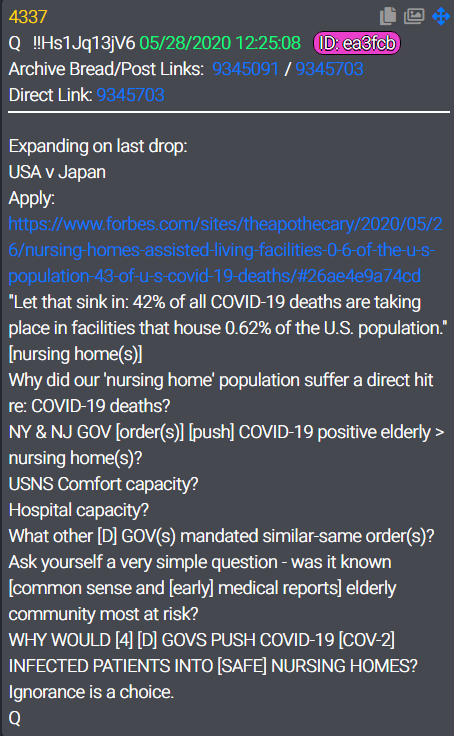  #QAlert 5/28/20 Q4337Expanding on last drop: USA v JapanApply: https://www.forbes.com/sites/theapothecary/2020/05/26/nursing-homes-assisted-living-facilities-0-6-of-the-u-s-population-43-of-u-s-covid-19-deaths/#26ae4e9a74cdNY & NJ GOV [order(s)] [push] COVID-19 positive elderly > nursing home(s)?USNS Comfort capacity?Hospital capacity?What other [D] GOV(s) mandated similar-same order(s)? #QAnon  #WWG1WGA