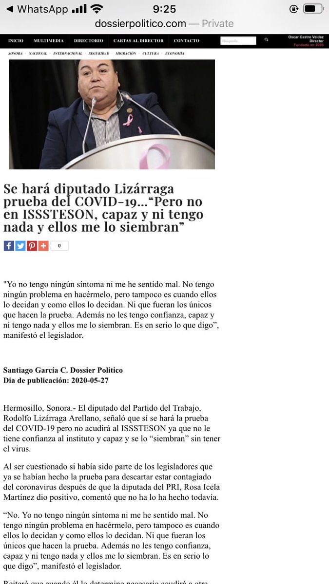 A nombre de los trabajadores de la salud de <a href="/IssstesonGob/">ISSSTESON SONORA</a> expreso mi indignación y rechazo a las frívolas declaraciones del Diputado @rlizarraga13 Le informo que las pruebas se analizan en el laboratorio oficial de la <a href="/ssaludsonora/">Salud Sonora</a> Quedo a sus órdenes para aclarar cualquier duda.