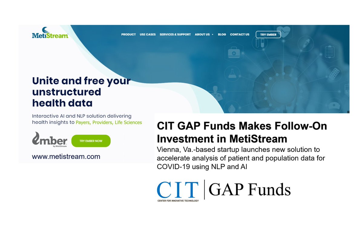 Congratulations to <a href="/MetiStream/">MetiStream</a> | Pleased to Announce | CIT GAP Funds Makes Follow-On Investment in MetiStream | Vienna, Va.-based startup launches new solution to accelerate analysis of patient and population data for COVID-19 using #NLP &amp; #AI | globenewswire.com/news-release/2… | #VABiz