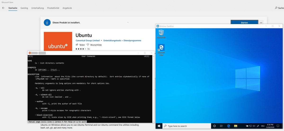 HaraldMuehlhoff's tweet image. After upgrading to the May 2020 Windows 10 I can run WSL2 (lightweight VM) &amp;amp; Windows-Sandbox (VM) side-by-side. Now I have to find anything useful I can do in Linux ;) #wsl2 #Windows10May2020Update #Windows10 #Linux
