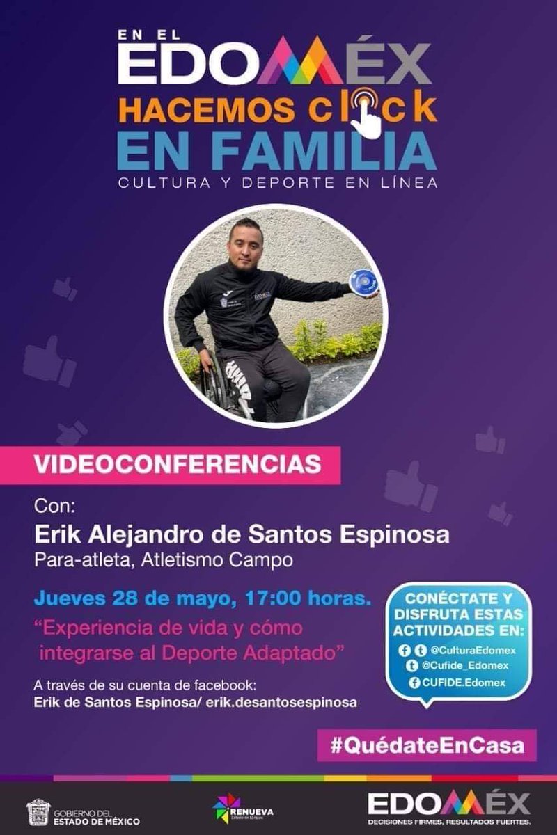 ADESSIREM1's tweet photo. No te pierdas la videoconferencia del atleta paralímpico y presidente de la Asociación de deportes sobre silla de ruedas del Estado de México,  Erik Alejandro de Santos Espinosa “Experiencia de vida y como integrarse al deporte adaptado”, hoy jueves 28 de mayo, a las 17:00 horas https://t.co/brraH9p8KZ