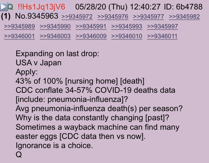 !!NEW Q - 4338!!12:40:27 EST Expanding on last drop:USA v JapanApply:43% of 100% [nursing home] [death] CDC conflate 34-57% COVID-19 deaths data [include: pneumonia-influenza]?Avg pneumonia-influenza death(s) per season? #QAnon  #Covid19 @realDonaldTrump (Cont)