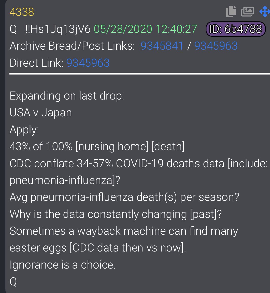  #QAlert 5/28/20 Q4338Expanding on last drop:USA v JapanApply:43% of 100% [nursing home] [death] CDC conflate 34-57% COVID-19 deaths data [include: pneumonia-influenza]?Avg pneumonia-influenza death(s) per season?Why is the data constantly changing [past]?Sometimes a 