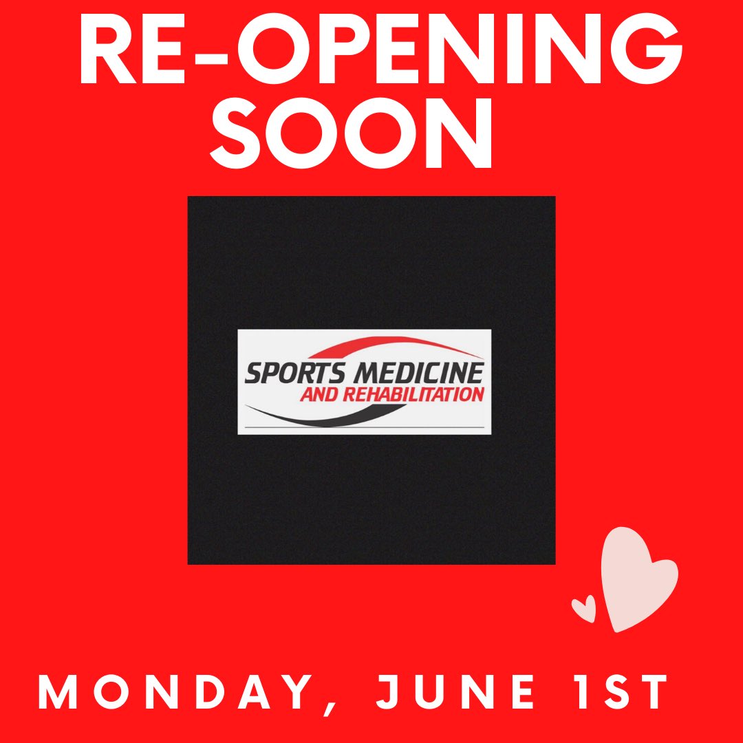 Sports Medicine (@sportsmedrehab) on Twitter photo ♦️RE-OPENING♦️
We are excited to announce that our facilities will be re-opening on Mon June 1! We can’t wait to see you! Thank you for your continued loyalty, support & patience. Review our #Covid protocols on our website to familiarize yourself with our process.#barrie ♦️RE-OPENING♦️
We are excited to announce that our facilities will be re-opening on Mon June 1! We can’t wait to see you! Thank you for your continued loyalty, support & patience. Review our #Covid protocols on our website to familiarize yourself with our process.#barrie