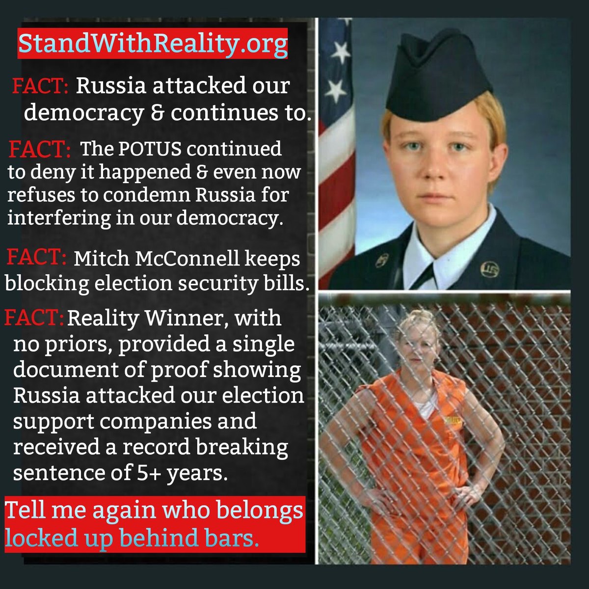 cameronkgvi's tweet photo. @thomaskaine5 #StandwithRealityWinner
#FreeRealityWinner
#FreeRealityWinnerNOW https://t.co/eoqH8o6KZP