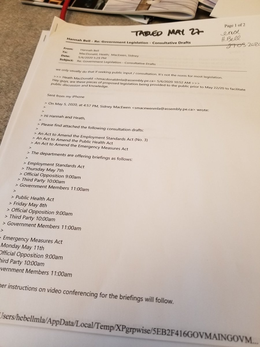 So an update from a story from Tuesday night. After the Greens were not able to get two bills onto the floor, MLA Hannah Bell tabled several pages of email correspondence with the Liberals and Tories.  https://docs.assembly.pe.ca/download/dms?objectId=fd476dd2-4a5d-4e1c-91e6-577889274117&fileName=CBv.05272020.Correspondence%20between%20house%20leaders%20on%20legislation%20and%20consultation.pdf  #peipoli