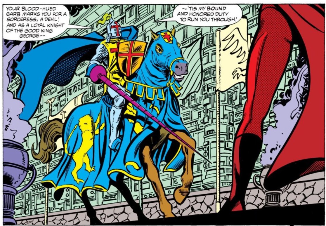 In the next panel, we find that our knight is so upset because of her “blood-hued garb,” which marks her “for a sorceress, a devil!.”First, sorceress =/= devil. And really, I think he’d be more scandalized by the cut of her clothing than its colour. Let’s compare. 3/12