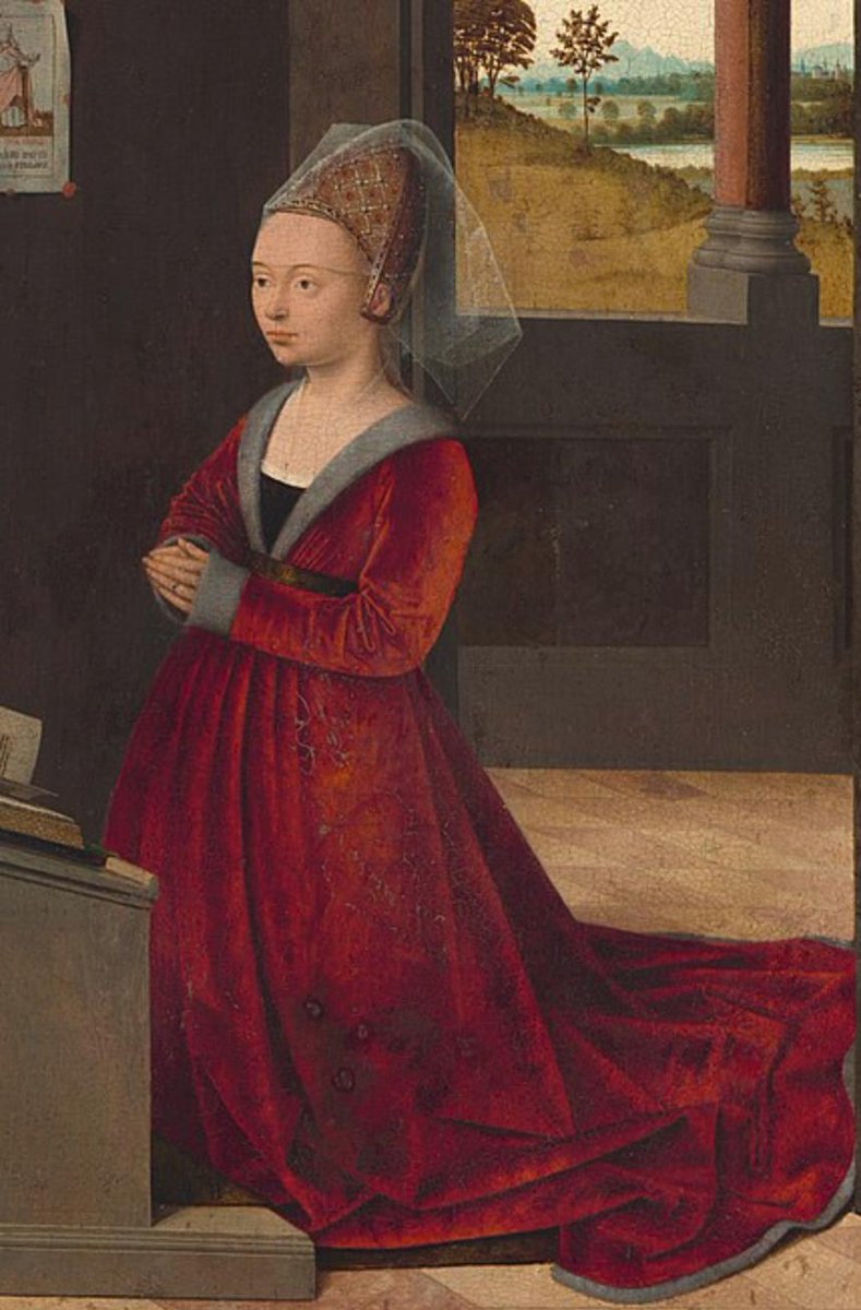 Here we have a 15th c. Burgundian painting, showing quite the red gown. (From knight’s armor, guessing he’s late MA.)But, in SE France, prostitutes had to wear red armbands or an aiguilette, a cord that fell from the shoulder, its colour contrasting that of their dress. 4/12