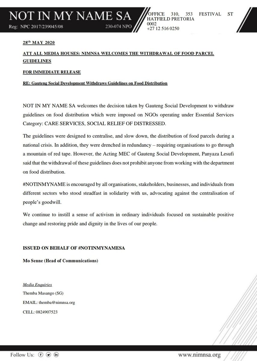 NotInMyNameINT's tweet photo. NIMNSA WELCOMES THE WITHDRAWAL OF FOOD PARCEL GUIDELINES
ISSUED ON BEHALF OF #NOTINMYNAMESA
@Mo_Senne (Head of Communications)
Media Enquiries
Themba Masango (SG)
cc @Lesufi @The_DSD https://t.co/Hx9Ad7PpNX