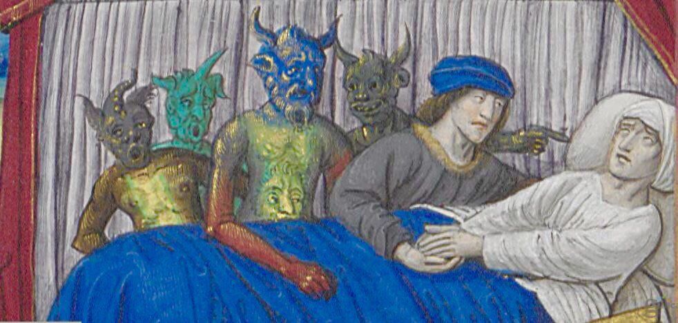 Red was a devil option, but he could also be green.In Chaucer’s Friar’s Tale, the devil is red. But there’s some devilishness in Sir Gawain and the Green Knight.  #medievaltwitter  #devil 6/12