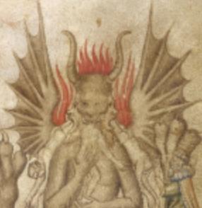 Scholars like Jeffrey Burton Russell and R. Mellinkoff have looked at how the devil’s pointed hair could be a depiction of flaming (red) hair, or a nod to barbarians who greased their hair to sweep it up in points.  #devil  #medievaltwitter 11/12
