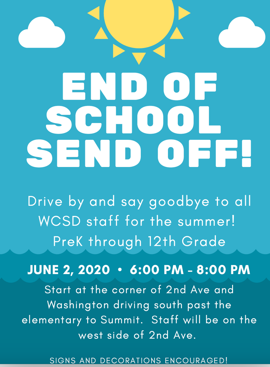 WintersetSchool's tweet photo. Help us add some closure to the 2019/20 WCSD school year! We are planning an “End of School Send Off” parade. This parade will be on Tuesday, June 2nd from 6-8 p.m. The twist is: All WCSD staff will be stationary and the families will parade down 2nd Avenue past the Elementary! https://t.co/hxO202LsCm