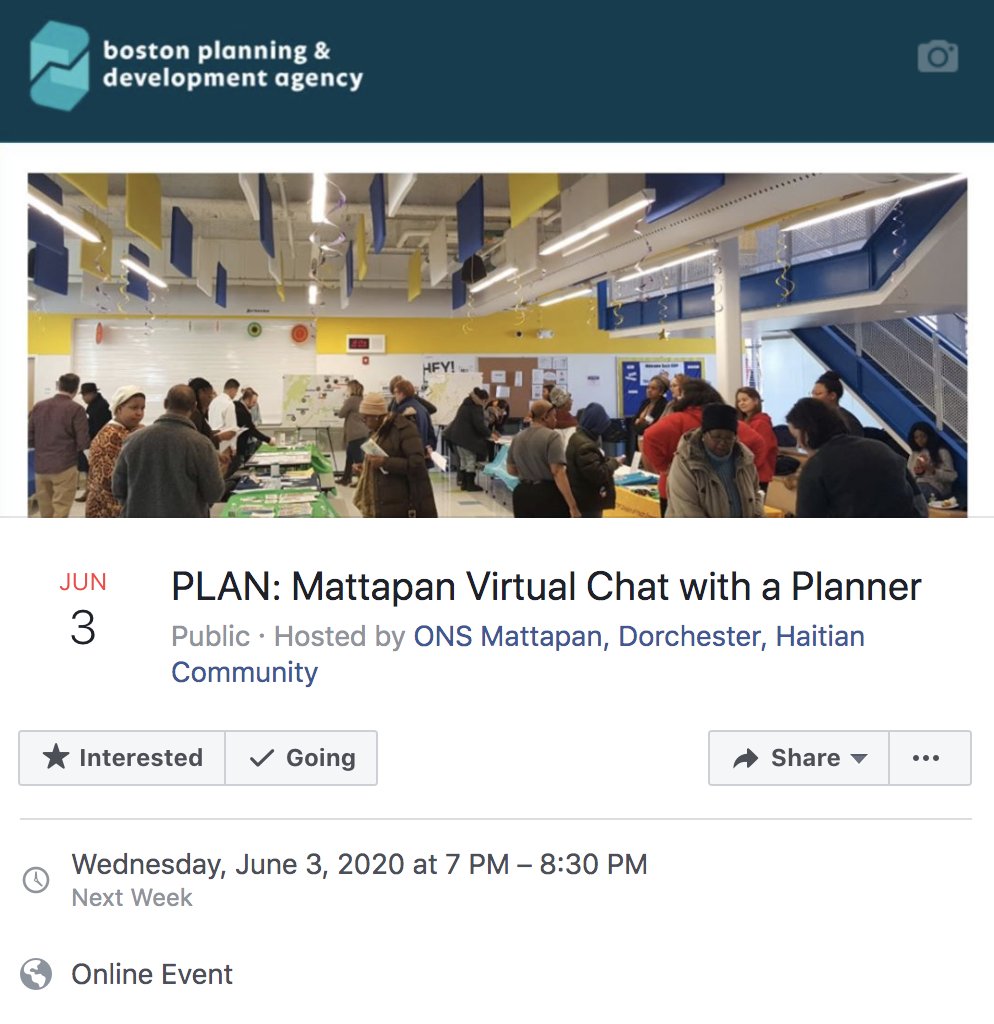 ONSHaitians's tweet photo. @BostonPlans is hosting a virtual #PLANMattapan Chat With a Planner! Next Wednesday 6/03 @ 7:00 PM
REGISTER TO JOIN: https://t.co/vh8gluOn34 | #Mattapan #PlanMattapan #LooktoBoston https://t.co/LfE9ez95vm