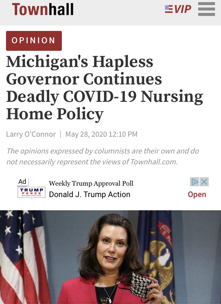 !!NEW Q - 4339!!12:54:30 EST  https://townhall.com/columnists/larryoconnor/2020/05/28/michigans-hapless-governor-continues-deadly-covid19-nursing-home-policy-n2569605At what point should this be reclassified as murder?At what point is ignorance [common sense] no longer valid [excuse]?Evil surrounds us.Q #QAnon  #ThesePeopleAreEVIL @realDonaldTrump