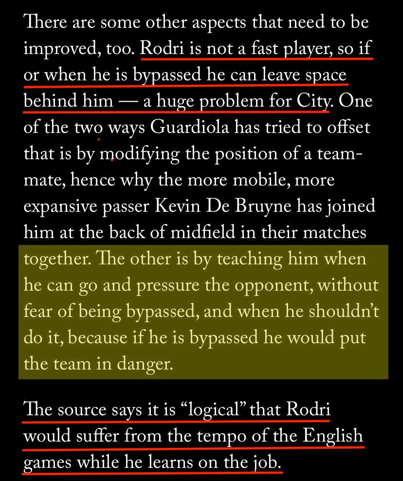 The second line, and the CDM in particular, will have to always decide when to push forward & support the counter press, & when to hang-back/retreat to try to contain the situation. A source close to  @TheAthleticUK revealed that this is an area City want Rodri to improve on.