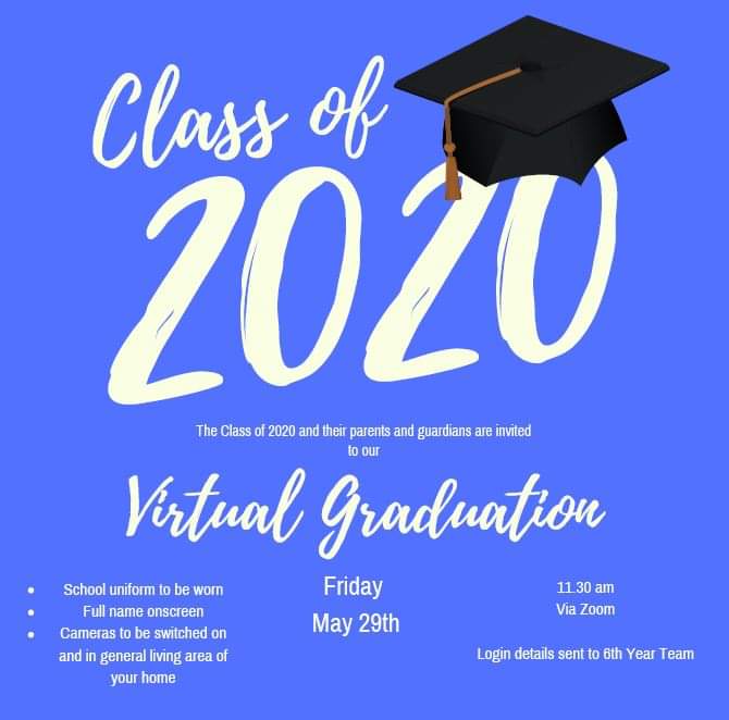 Mercy_Navan's tweet photo. We can't wait to celebrate with our Class of 2020 at their Virtual Graduation tomorrow! Details on how 6th years can access have been sent to the 6th Year Team.

We look forward to welcoming our Class of 2020, their parents and guardians and our staff to our virtual celebration! https://t.co/GHrMRel8Qa