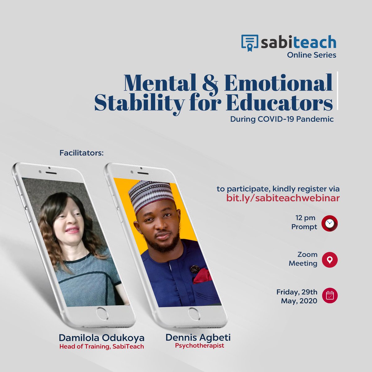 sabiteachers's tweet photo. Join us at this webinar to deepen your mental and emotional stability during this pandemic season.

Date: Friday, May 29th, 2020.
Time: 12pm prompt

To attend, register via https://t.co/ghoflqFejb
Powered by https://t.co/HeSnFerc1g https://t.co/AFPtj6Yo6L