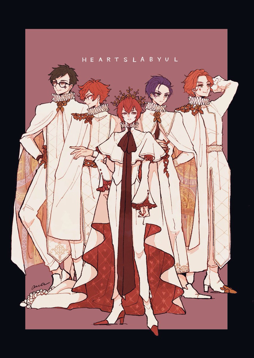 multiple boys red hair male focus crown glasses black hair 5boys  illustration images