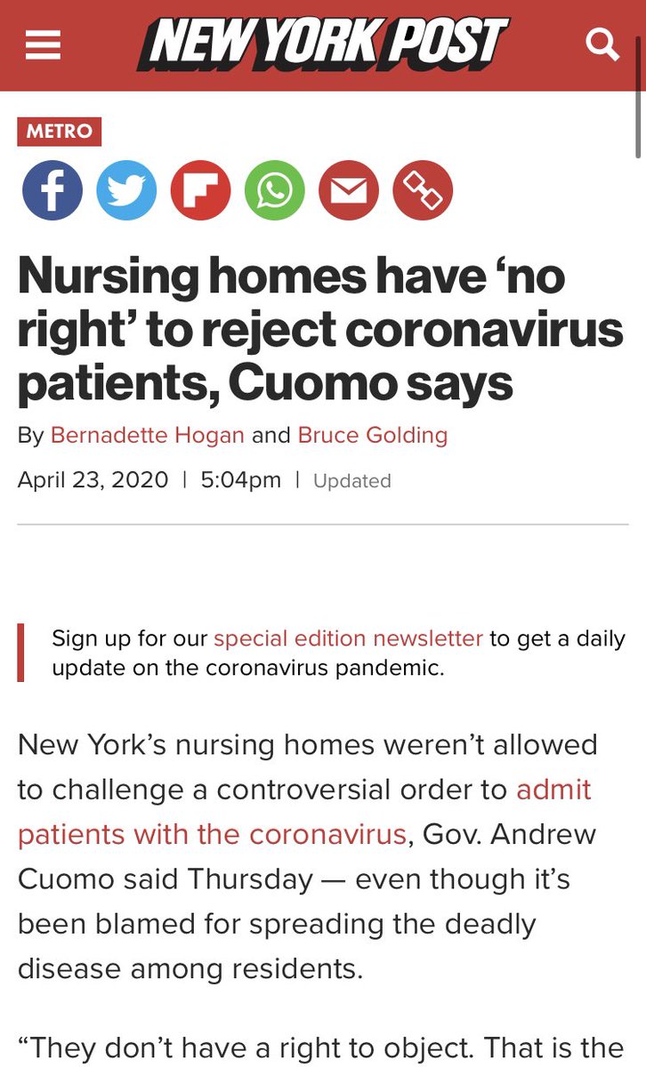 !!NEW Q - 4340!!13:03:57 EST  https://nypost.com/2020/04/23/nursing-homes-cant-reject-coronavirus-patients-cuomo-says/At what point should this be reclassified as murder?At what point is ignorance [common sense] no longer valid [excuse]?Evil surrounds us.Q #QAnon  #ThesePeopleAreEVIL  #EVILSurroundsUs @realDonaldTrump