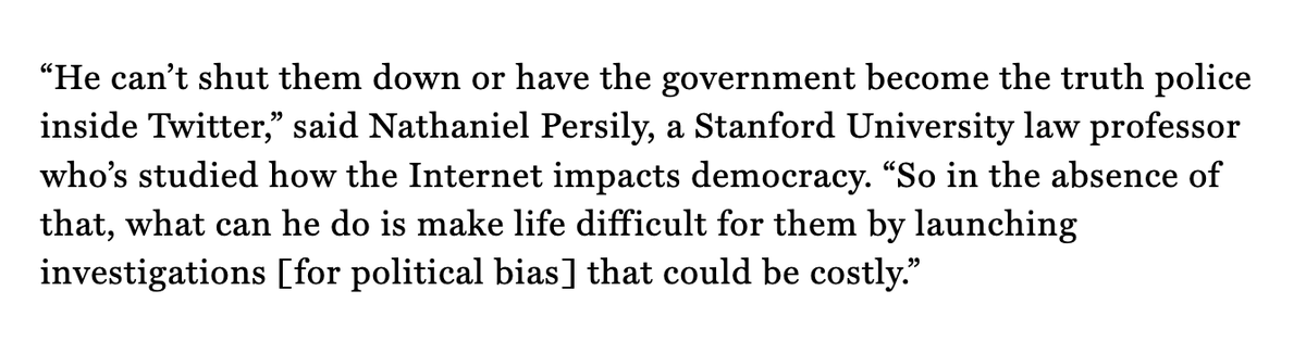 (Thread) Get the Fighters FightingTrump’s Executive Order is more of the same: Fire up the base. Get the fighters fighting. Flex his muscles. Show he's "tough."Stanford Law professor Nathaniel Persily’s said this about Trump’s war with Twitter https://fortune.com/2020/05/27/trumpists-declare-war-on-twitter/