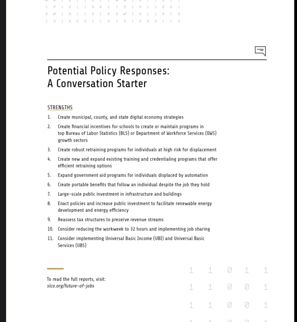 Eleven potential policy responses are in the image below. What are your thoughts? What’s realistic? What am I missing?  #automation  #AI  #utpol  #utecon  #workofthefuture CC:  @MFordFuture  @BrookingsMetro  @davidautor  @AndrewYang  @AlecJRoss (7/9)