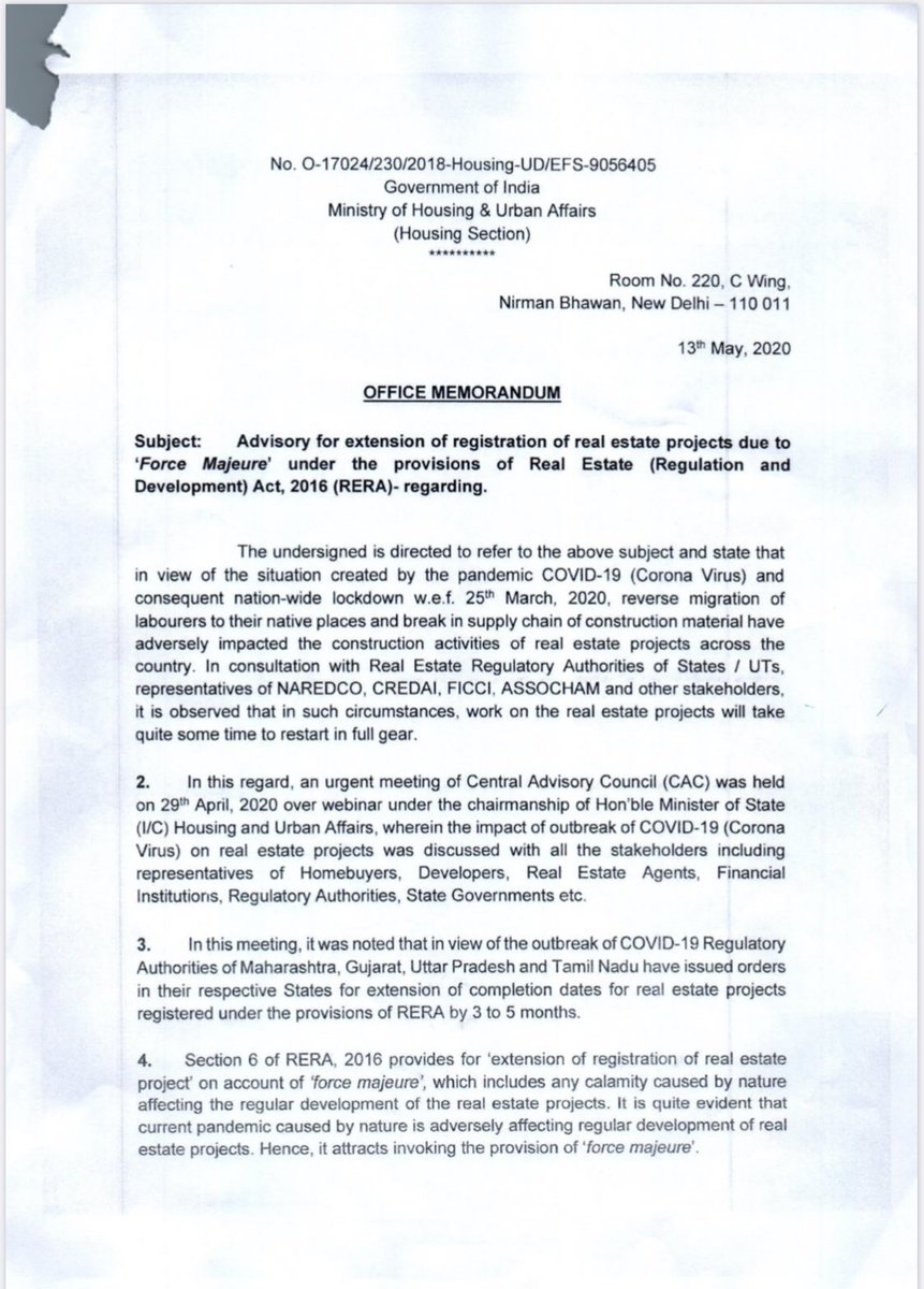 Secretary_MoHUA's tweet photo. An advisory has been issued to States/UTs by @MoHUA_India to extend the timelines of various time-bound permissions, No Objection Certificates, approval, etc related to real estate construction projects by 9 months automatically. https://t.co/UzQehWFcGZ