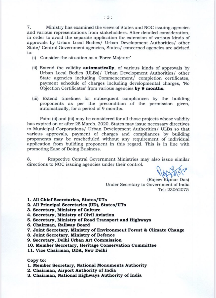 Secretary_MoHUA's tweet photo. An advisory has been issued to States/UTs by @MoHUA_India to extend the timelines of various time-bound permissions, No Objection Certificates, approval, etc related to real estate construction projects by 9 months automatically. https://t.co/UzQehWFcGZ