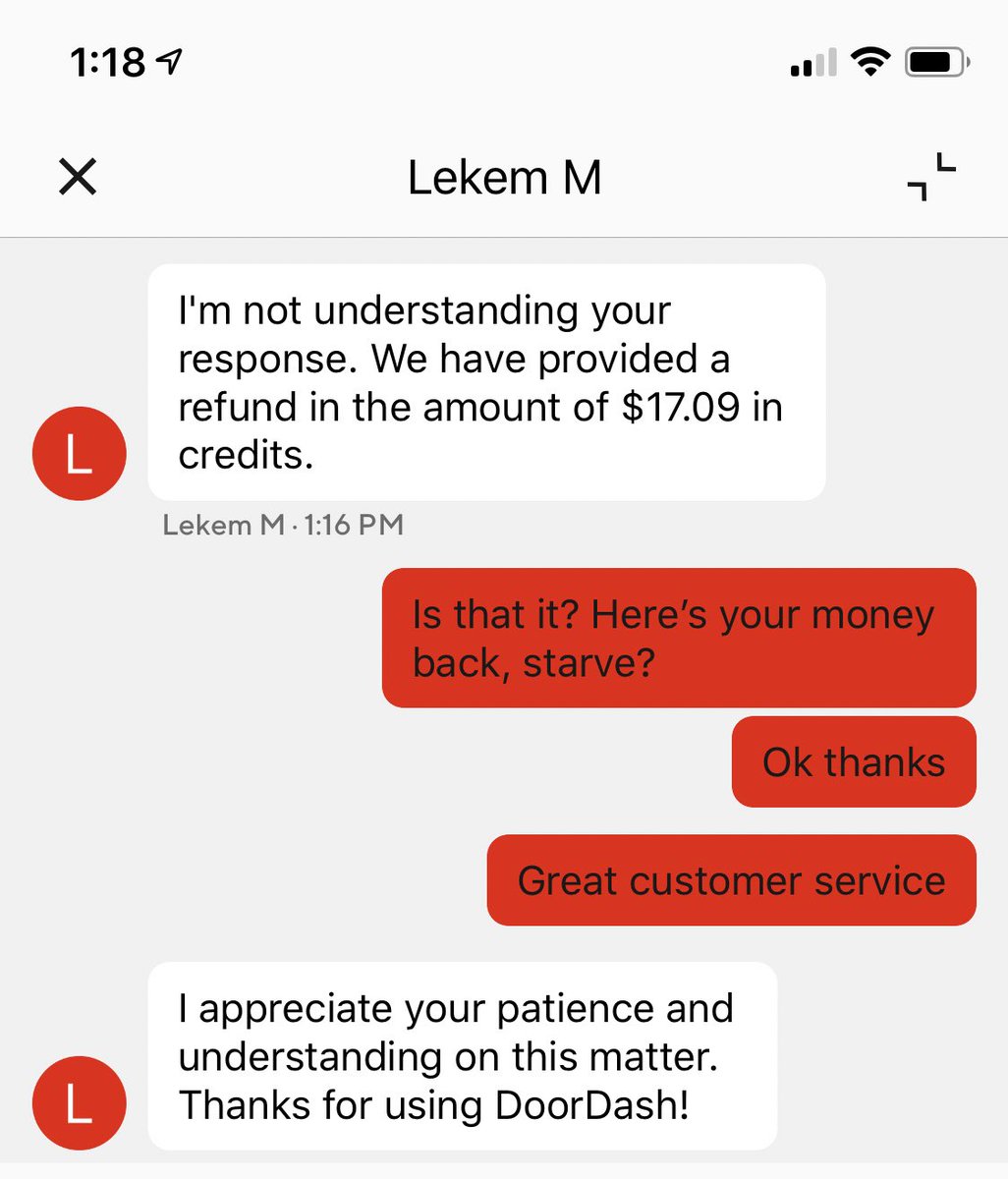 MemoFra's tweet photo. @DoorDash great customer service! And sense of sarcasm too. https://t.co/FLcLiEpmo8
