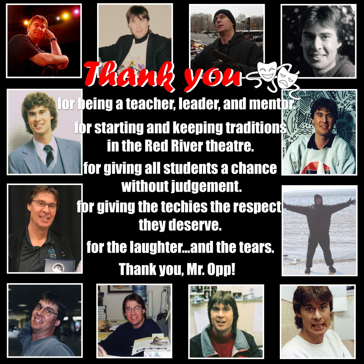 rr_theatreguild's tweet photo. On behalf of all current and former Theatre Guilders, we want to take the time to recognize Mr. Dean Opp as he retires from teaching this year. 

Words can't express how much he has impacted the Red River Theatre Department, and we wish him only the best. We will miss you! https://t.co/p0mL7VAJ9x