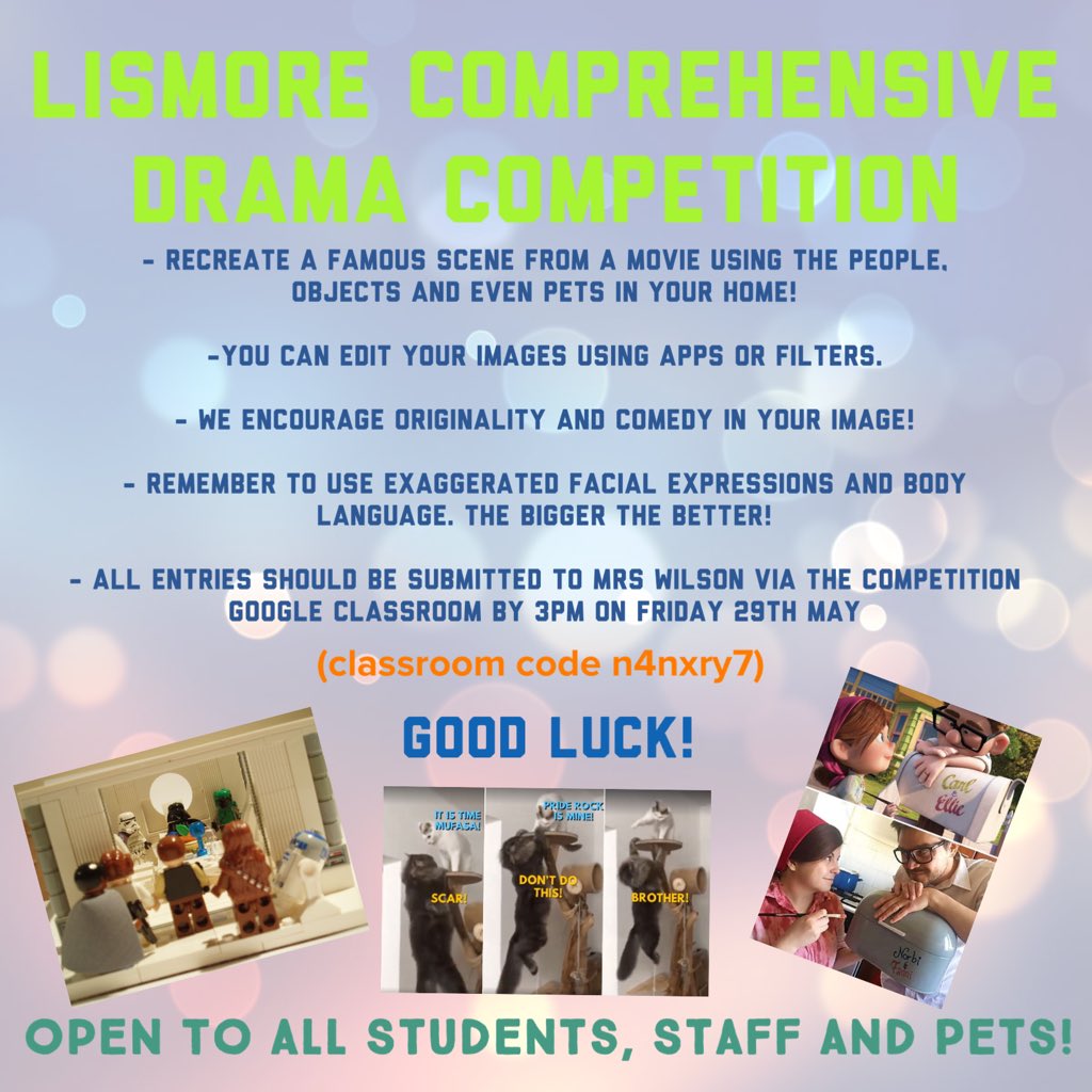 LismoreD's tweet photo. Tomorrow is your last opportunity to enter the Drama competition! Big push to see entries from all year groups! Make us laugh! 🎭🎥🍿 @lismorecomp https://t.co/tV7NfRv8MP