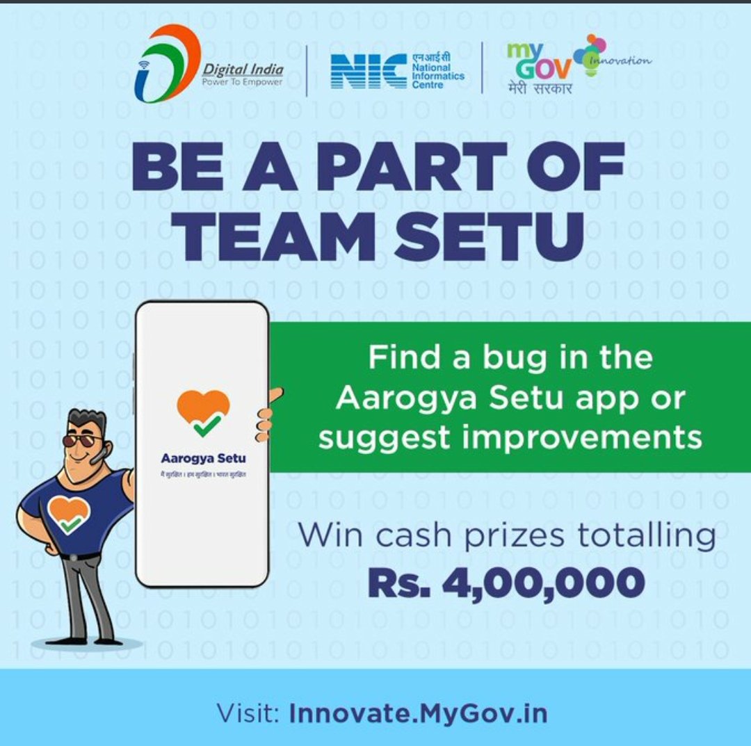 PIBSrinagar's tweet photo. Here's an opportunity for all to join #TeamSetu! Find a bug in the app or suggest improvements and win exclusive cash prizes. #IndiaFightsCorona 
Via @mygovindia 
@SetuAarogya https://t.co/EKc7r9Fx7Y