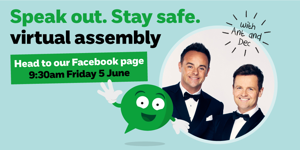 NSPCC's tweet image. We are SO excited to announce that we'll be hosting a virtual version of our Speak out Stay safe school assembly alongside some VERY special guests. Drumroll please... 🥁 

@antanddec 
@davidwalliams 
AND @vickyford MP! 

Tune in at 9.30am Friday 5 June: facebook.com/NSPCC