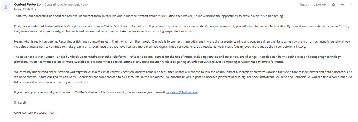 OnceNgBayan's tweet photo. So I finally got an answer from UMG about why my dance cover to Momo's and Hana's choreography to Imagine Dragons got deleted.

TLDR: UMG has licensed > 400 music services, but @Twitter refuses to obtain licenses for the use of music, including cover versions and remixes. Bummer. https://t.co/brt0U0HUbV