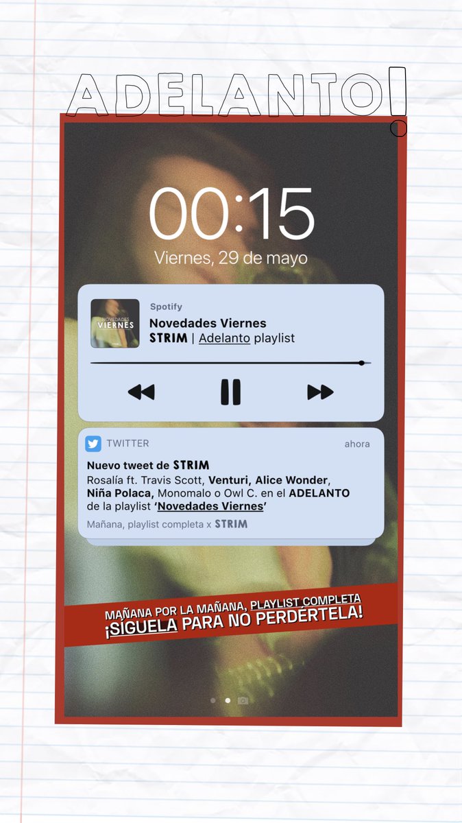 Disponible ya el ADELANTO de 'Novedades Viernes' 🔥💃🏽 ¿4 estrenos que escuchar antes de dormir?

1️⃣ TKN de Rosalía ft. Travis Scott
2️⃣ Sigo el plan de <a href="/venturimusica/">Venturi</a> 
3️⃣ Pinta Malasaña de <a href="/NinaPolaca/">NIÑA POLACA</a>
4️⃣ Corazón mármol de <a href="/itsAliceWonder_/">wondie</a>

► open.spotify.com/playlist/7E1cF…