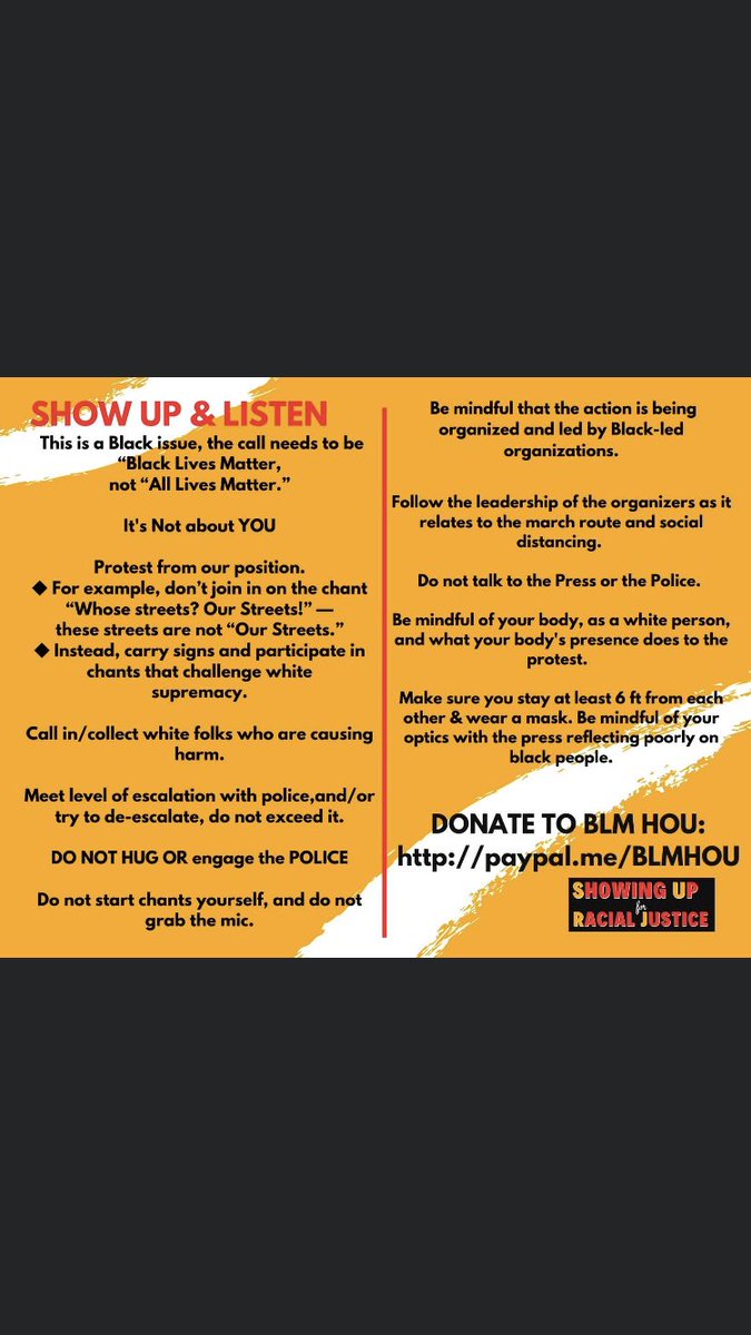 c0mrade_meow's tweet photo. please show up to tomorrow’s protest‼️if you aren’t following it on fb, here is the info and recent posts made by BLM Houston that show guidelines for white allys. there is also a link to support the march with to provide people with masks &amp; water https://t.co/ugFkuho5Fe https://t.co/qd6JVwd4fg