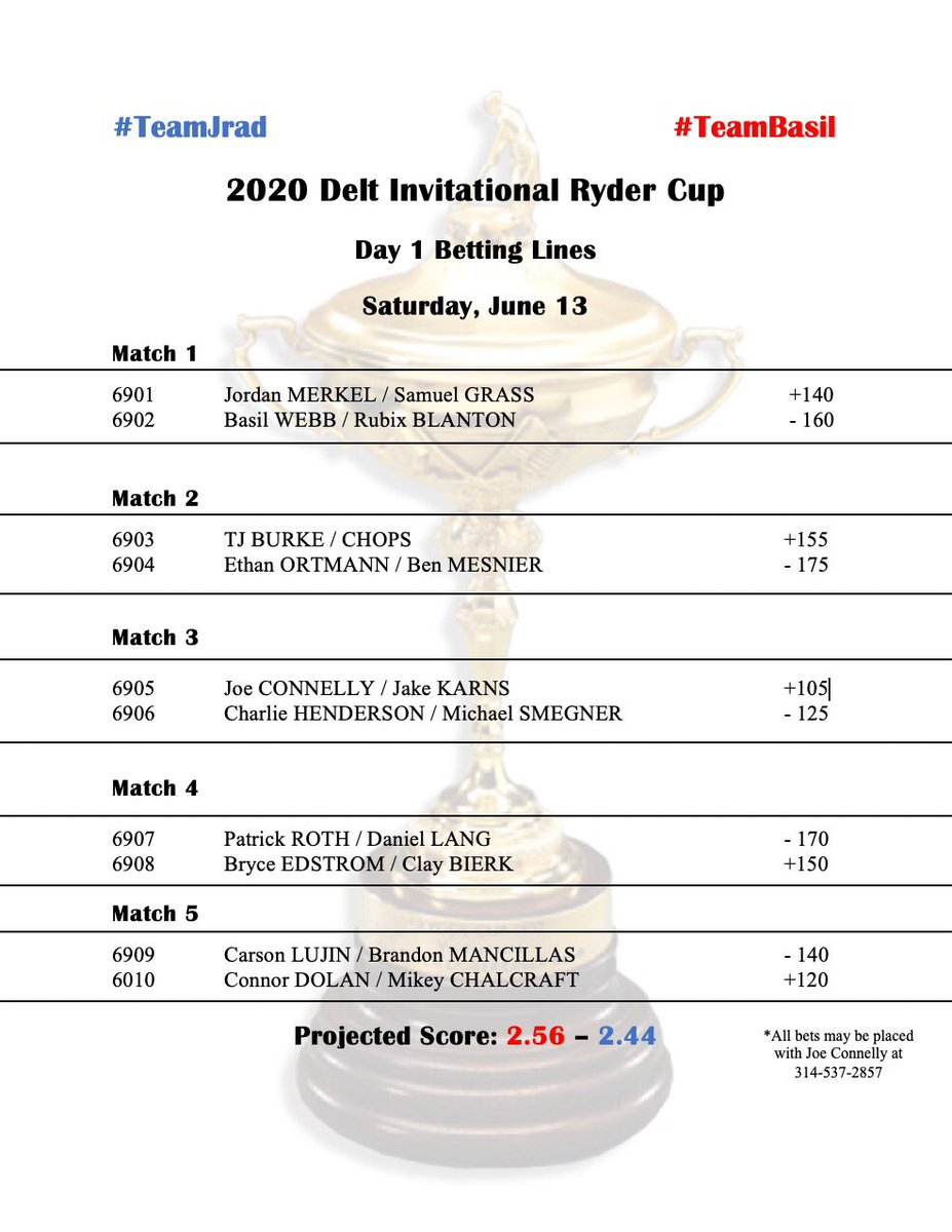 JRNRyderCup's tweet photo. As promised, Day 1 Matchups for the 2020 Delt Invitational Ryder Cup are posted along with Vegasโ lines! Day 1 consists of 2-man scramble. We also hear that #TeamJrad and #TeamBasil have been doing some photoshoots... more to come tomorrow https://t.co/kADz1OWEwl