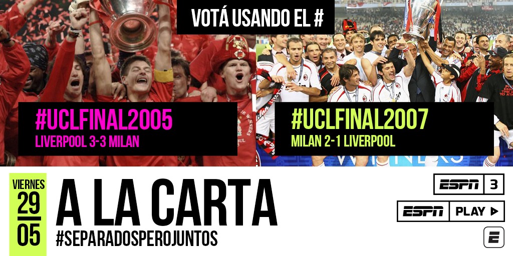ESPNPeru's tweet photo. ¡Tenemos un gran #ESPNALaCarta para este viernes! Podrás elegir entre estas dos finales de #CHAMPIONSxESPN y disfrutar a la ganadora desde las 19:00. ¡Voten con el hashtag!

#UCLFINAL2005

#UCLFINAL2007 https://t.co/uY7iUPGpLe