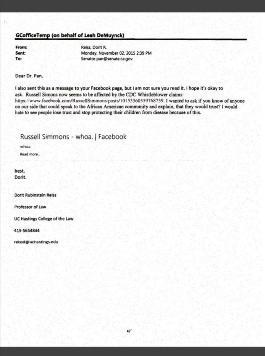 Why did you hit the panic button when  @UncleRUSH started asking q& #39;s about the CDC Whistleblower   #WilliamThompsonwho exposed a CDC coverup of data which showed African American boys are at greater risk of autism from the MMR?Why did you contact Richard Pan?