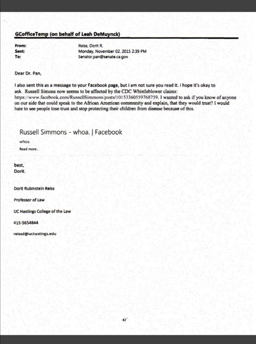 Why did you hit the panic button when  @UncleRUSH started asking q's about the CDC Whistleblower  #WilliamThompsonwho exposed a CDC coverup of data which showed African American boys are at greater risk of autism from the MMR?Why did you contact Richard Pan?