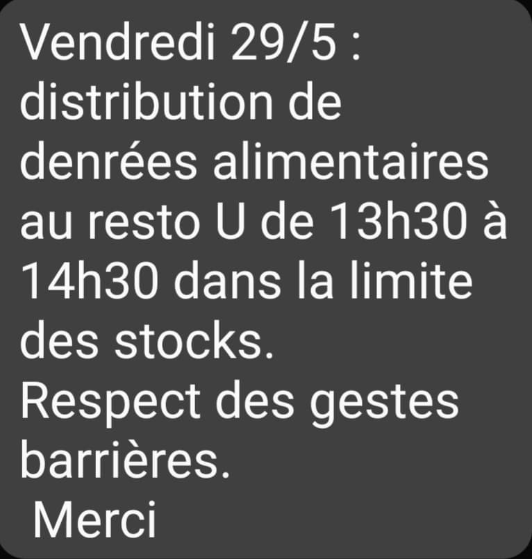 RAGEUPVD's tweet photo. Etudiant(e)s logés par le @crousmontpel, suite à l'annulation de la #Distribution de #Denrées prévue sur #Perpignan le 27/05 (mauvaise info CLOUS), nouvelle date : RDV vendredi 29/05 à partir de 13h30 au #RestoU de l'@upvd1 !
#Coronavirus #CROUS #Etudiant #Santé #Université #UPVD https://t.co/uGxvlx58TL