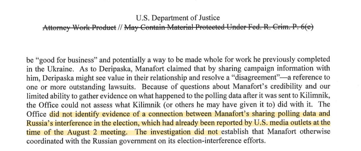 5. I was going to end the thread. But because there's always some apologist who doesn't know what they're talking about... @RepSwalwell still falsely claims "Manafort gave polling data to Russians", thus there was collusion.Debunked in black and white below by Robert Mueller.