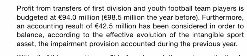 I mean the club even goes as far to release their budget for player sales each year. It will be extremely extremely difficult to hit that €94M transfer profit budgeted. So how do you off-set that? By not expending capital on new players. All clubs will be in the same boat.(5/7):
