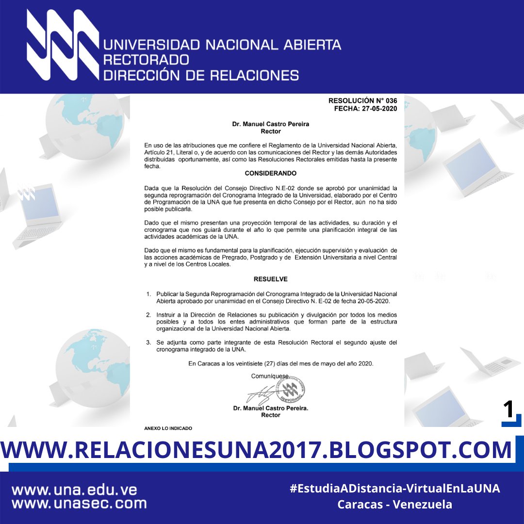 UNA_VE's tweet photo. Resolución N° 36
#UniversidadNacionalAbierta 
#EstudiosADistancia https://t.co/wc6cEdQevO