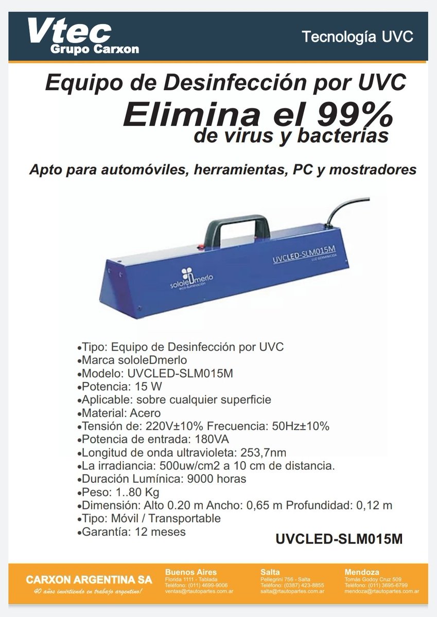 CarxonService's tweet image. Pedí tu equipo de desinfección UVC portátil para desinfectar tu vehículo, colectivos, oficina, lugar de trabajo.
Consultanos en rtautopartes.com.ar
