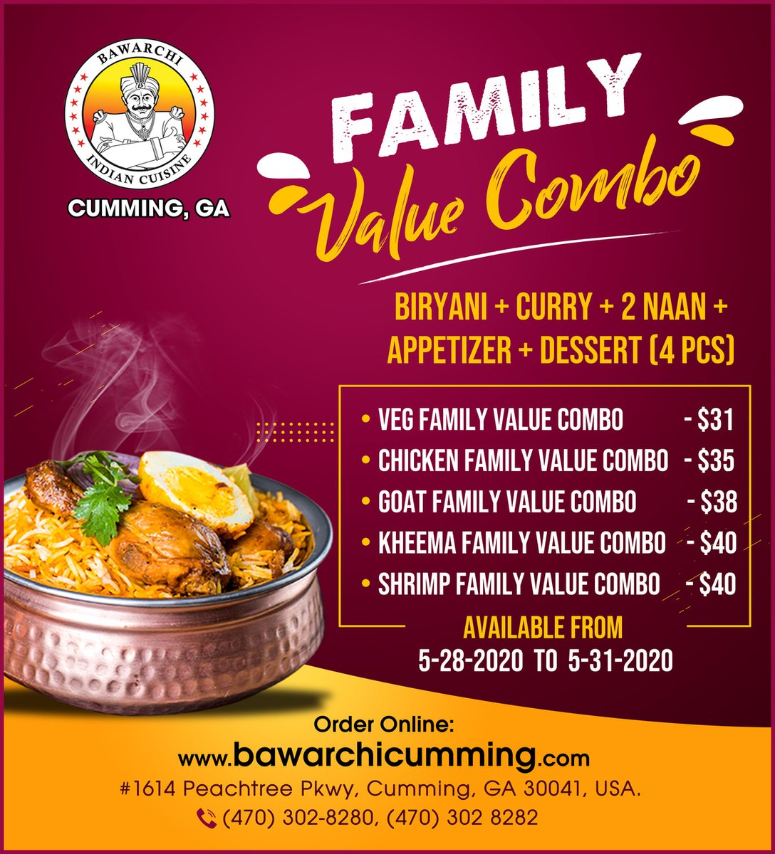 Taste the scrumptious 'Family Value Combo'🤗😋
Order Online📲: bit.ly/bawarchicumming

#BawarchiCumming #BawarchiBiryanis #SouthIndianRestaurant #AndhraSpecialBiryani #OrderOnline #Muttonliver #yummy #dinner #foodies #foodlover #restaurantes #lunch #eat #tasty #orderonlie