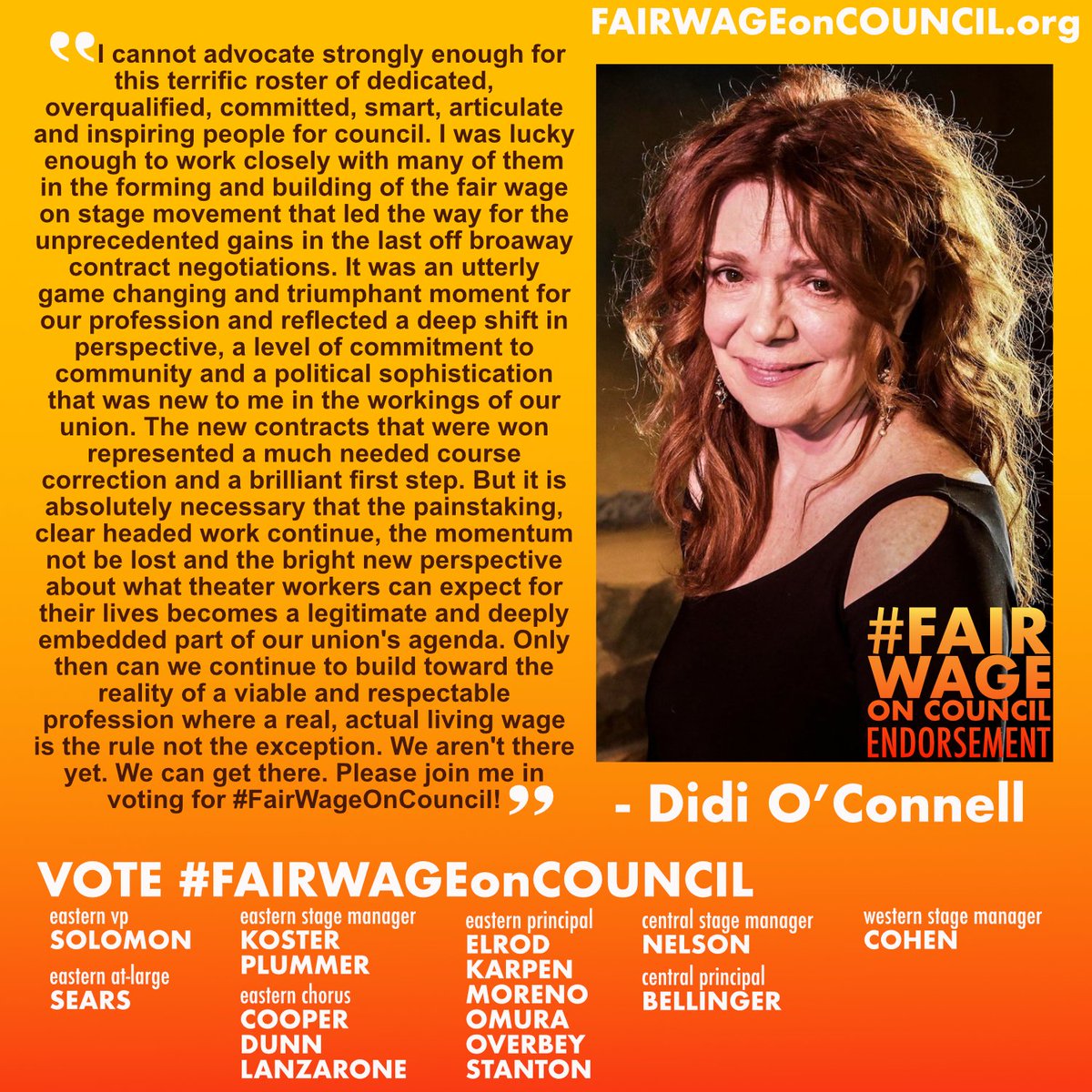 CouncilFairWage's tweet photo. Y'all thought you were done seeing our endorsements, right? 
GUESS. AGAIN. 
We're over the moon to have these 3 powerhouse actors.
@april_matthis , @Equill , &amp; Didi O'Connell
WE STAN, LADIES!!!

#FWOC2020
#FairWageOnCouncil
#ActorsEquityAssociation https://t.co/yoz6T9Bmch