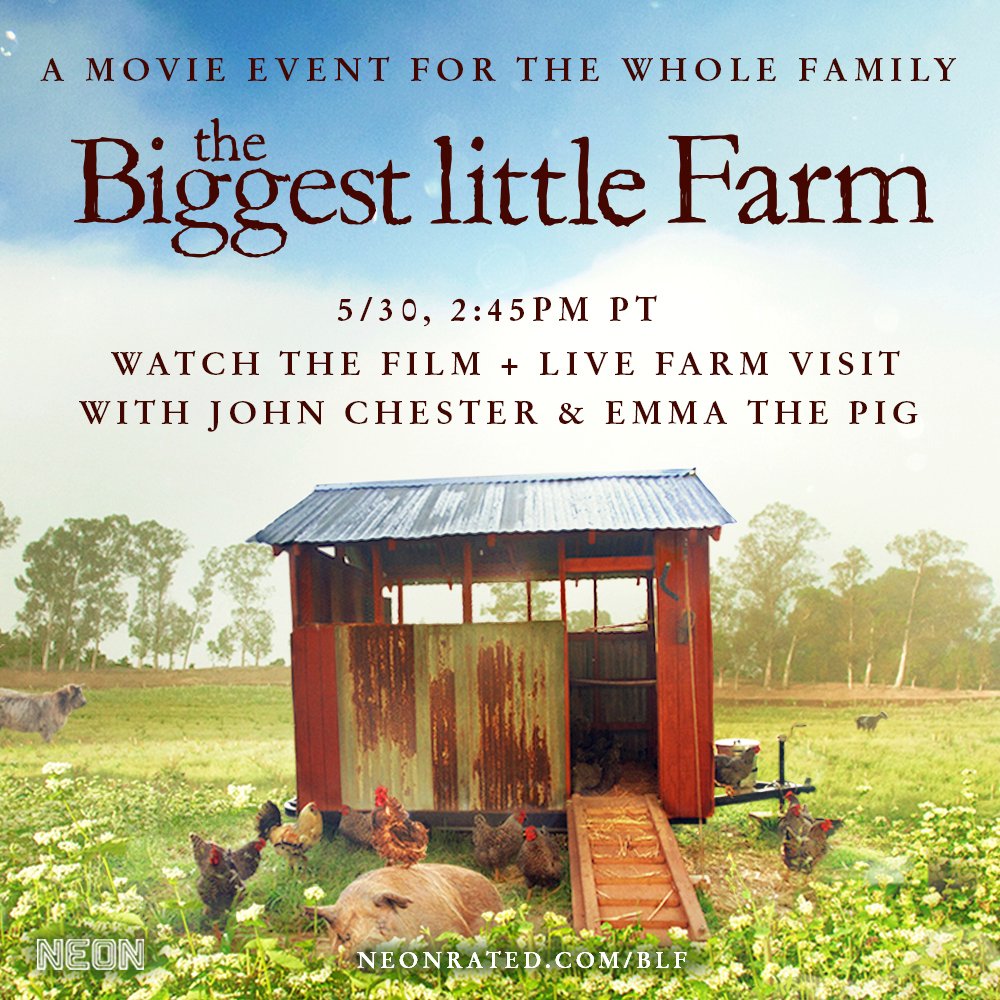 This Saturday, join director John Chester for a live visit of <a href="/apricotlanefarm/">Apricot Lane Farms</a> after a virtual cinema screening of his award-winning documentary, THE BIGGEST LITTLE FARM. Go to neonrated.com/blf for more info.